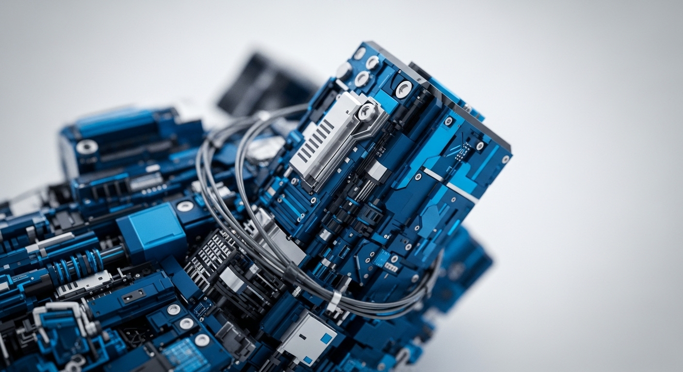 The image displays a detailed, close-up view of an abstract, futuristic structure composed of interlocking blue and silver mechanical or electronic components. Grey wires intricately connect different parts of the angular, cube-like formation against a bright, clean background