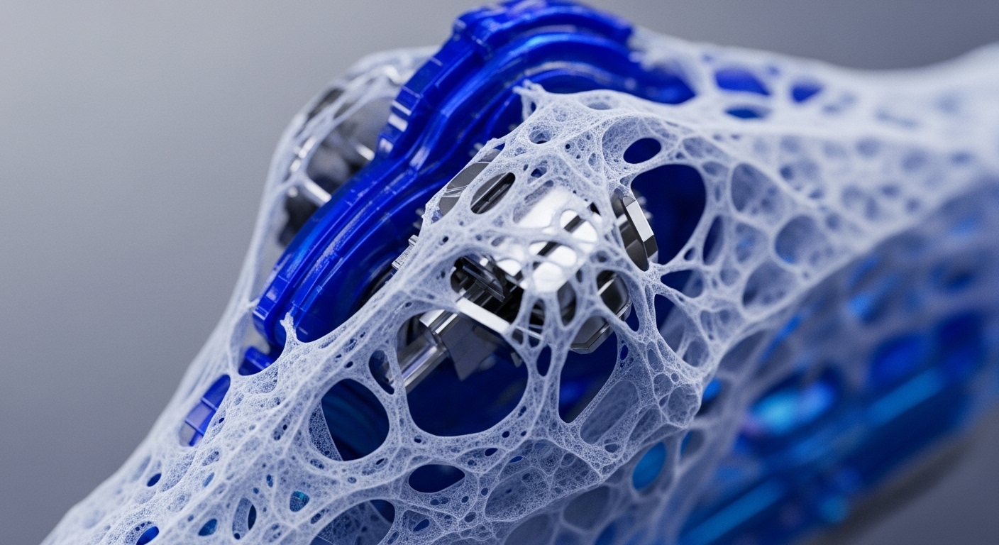 The image presents a detailed close-up of an abstract, translucent white web-like structure intricately layered over a reflective blue interior, revealing glimpses of metallic components. This complex visual suggests a sophisticated interplay between an outer protective network and inner operational mechanisms