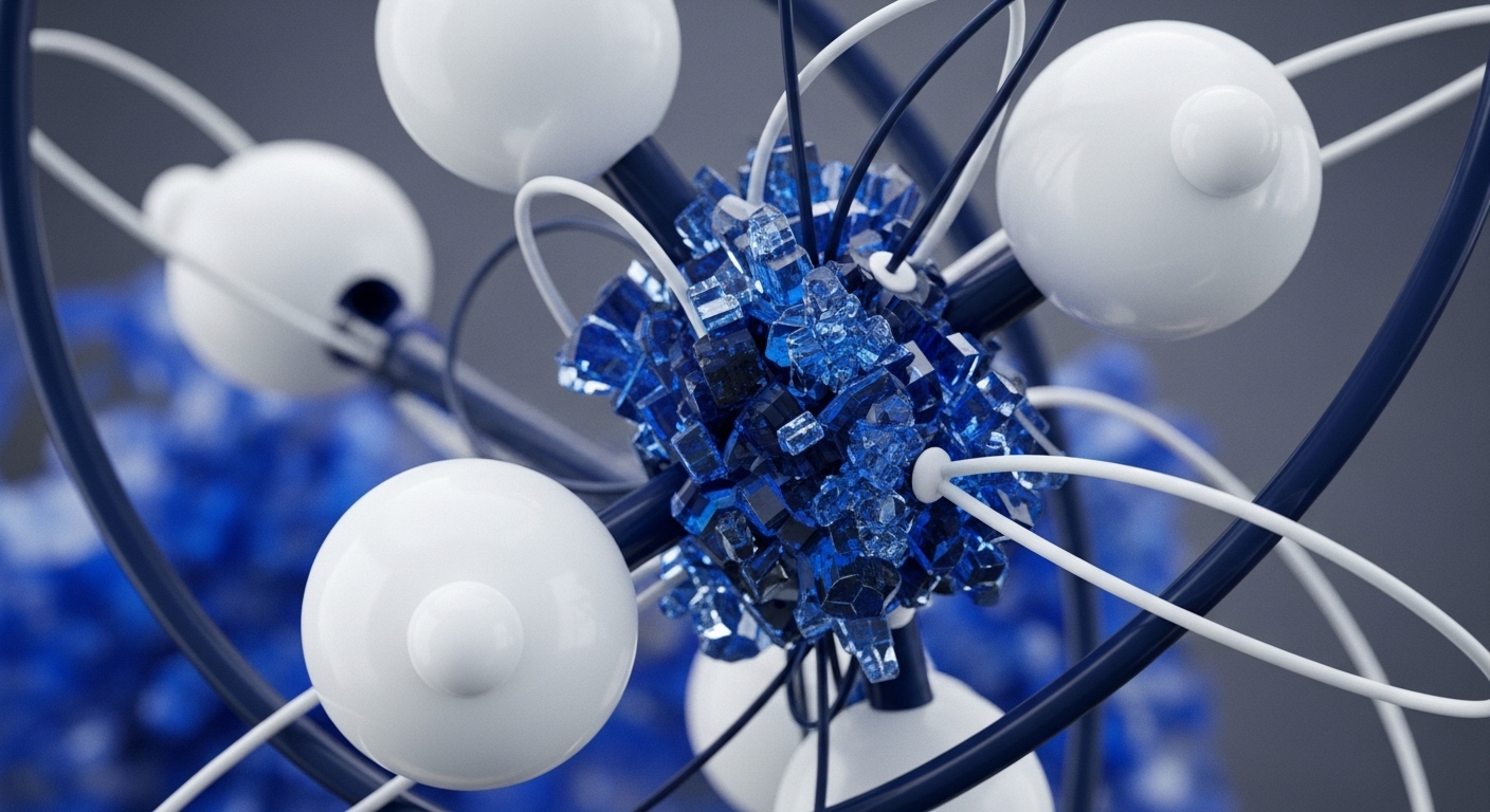 The image presents an intricate abstract structure composed of a central mass of shimmering blue crystalline shapes, surrounded by smooth white spheres. These elements are interconnected by a network of dark blue and white tubular lines, forming a dynamic and complex visual