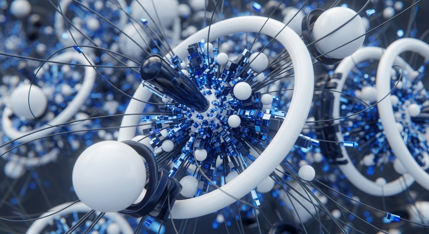 The abstract digital artwork features a central burst of interconnected blue cubes and white spheres, surrounded by looping white rings and black lines. Multiple similar, less distinct clusters are visible in the blurred background, all set against a dark backdrop