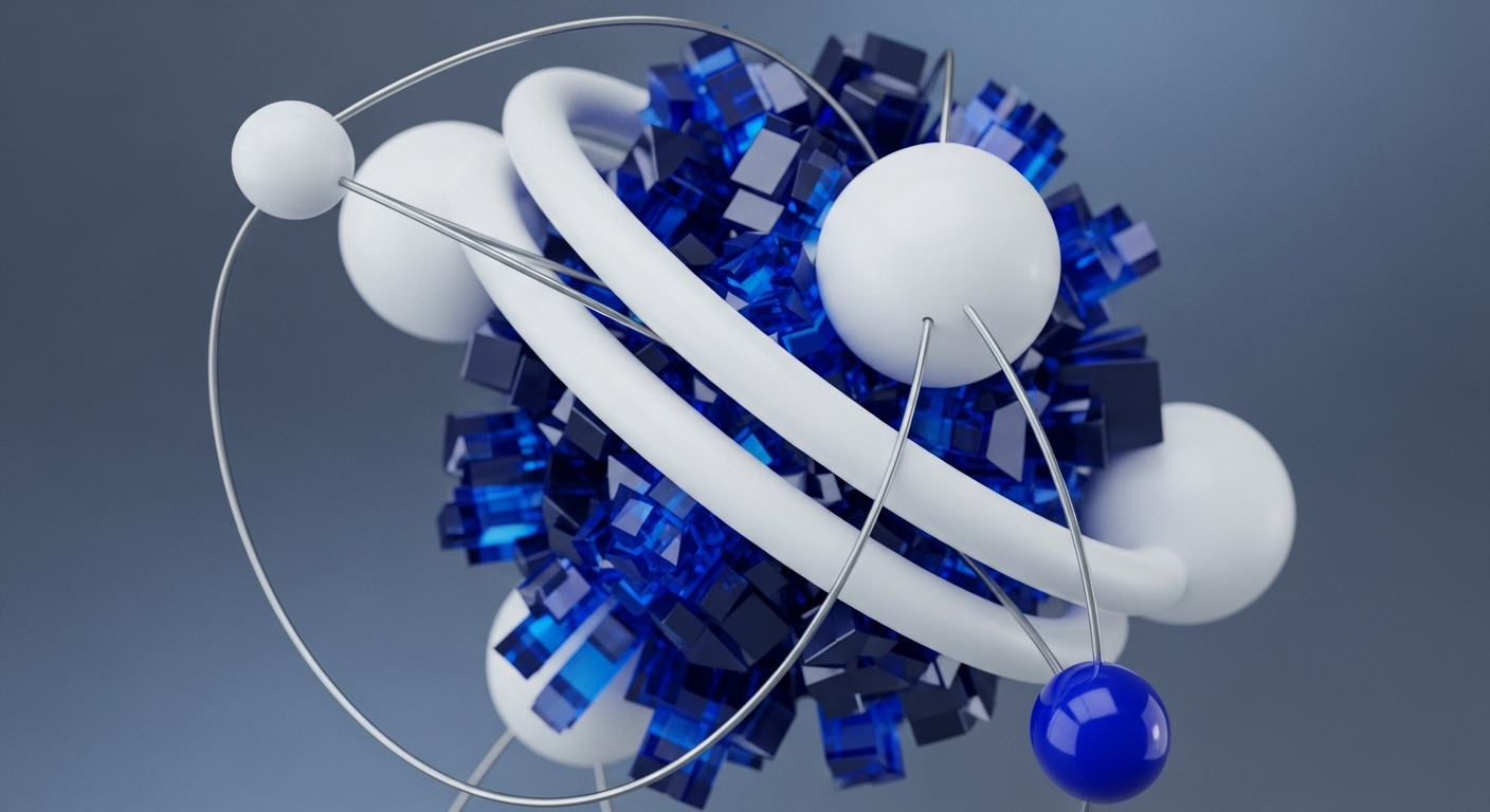 The image displays a complex 3D abstract structure comprising white spheres, thick white tubes, and metallic wires surrounding a central cluster of blue cubes. A distinct blue sphere is also connected by wires