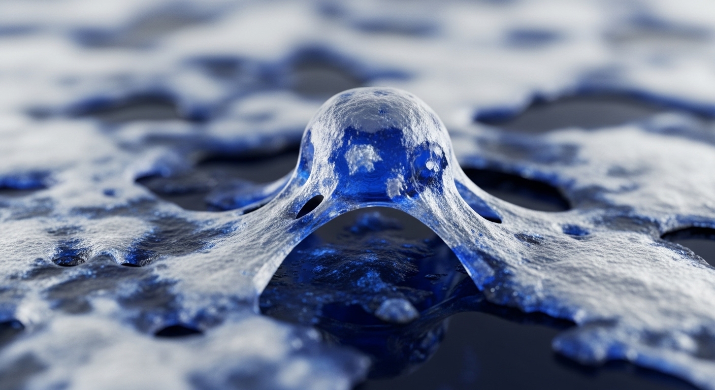 The image depicts a close-up of a central, transparent blue dome-like structure with multiple frosty, arching connections extending outwards. This structure rests upon a textured, dark blue surface covered in icy-white and blue formations