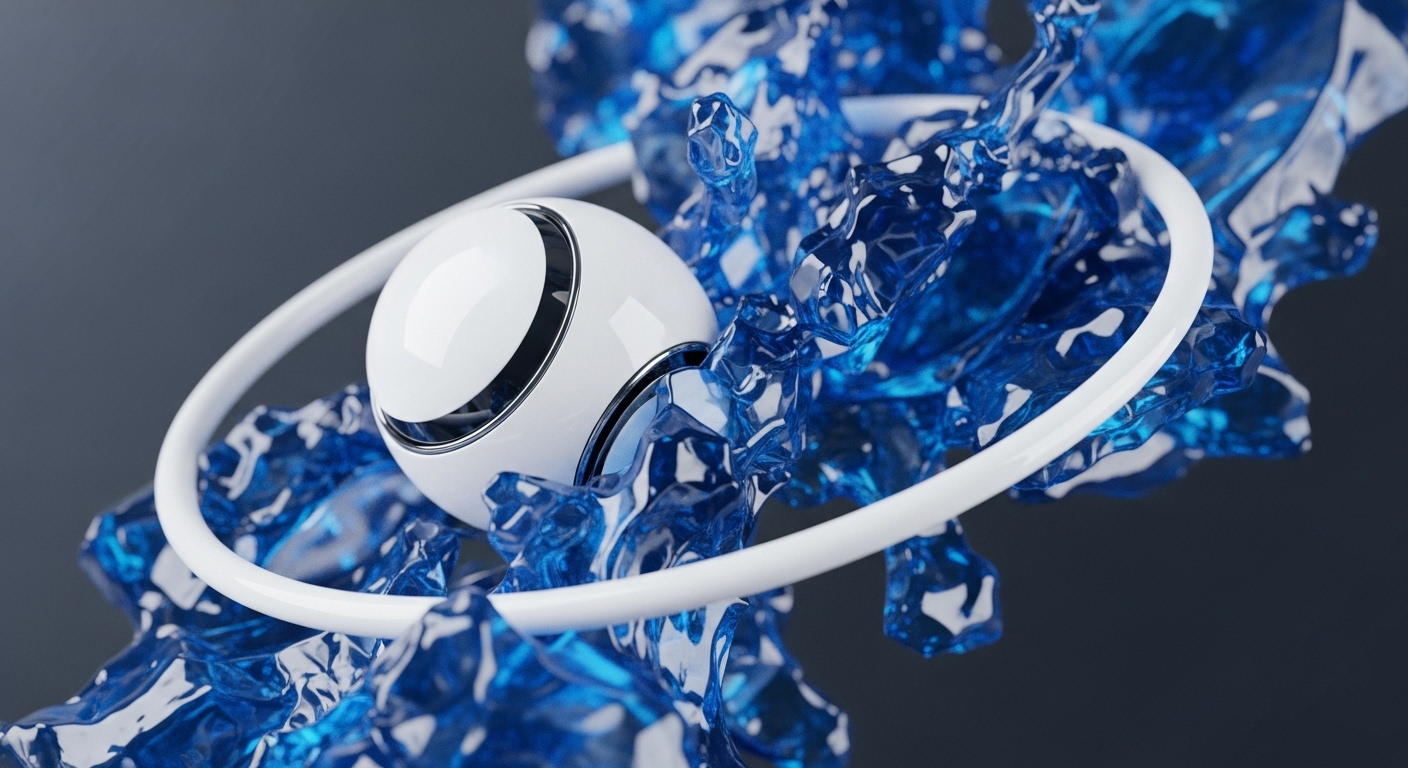 A white, glossy sphere with silver metallic accents is encircled by a smooth white ring, set against a dark grey background. Dynamic, translucent blue fluid-like structures surround and interact with the central sphere and ring, suggesting energetic movement