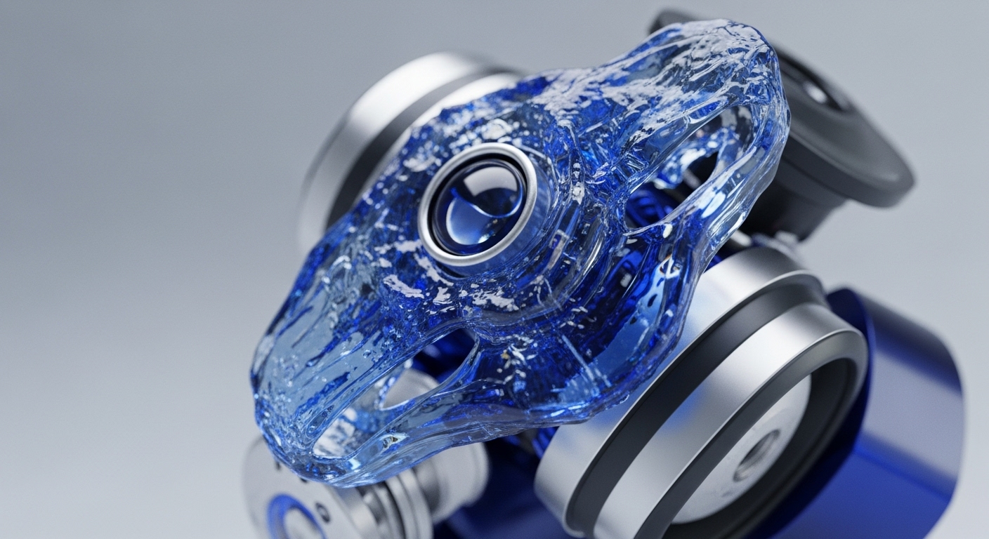 A sophisticated translucent blue component, appearing as crystallized liquid, is intricately integrated with polished silver and dark metallic elements. A central embedded lens-like sphere, reflecting deep blue light, forms a focal point within this complex assembly