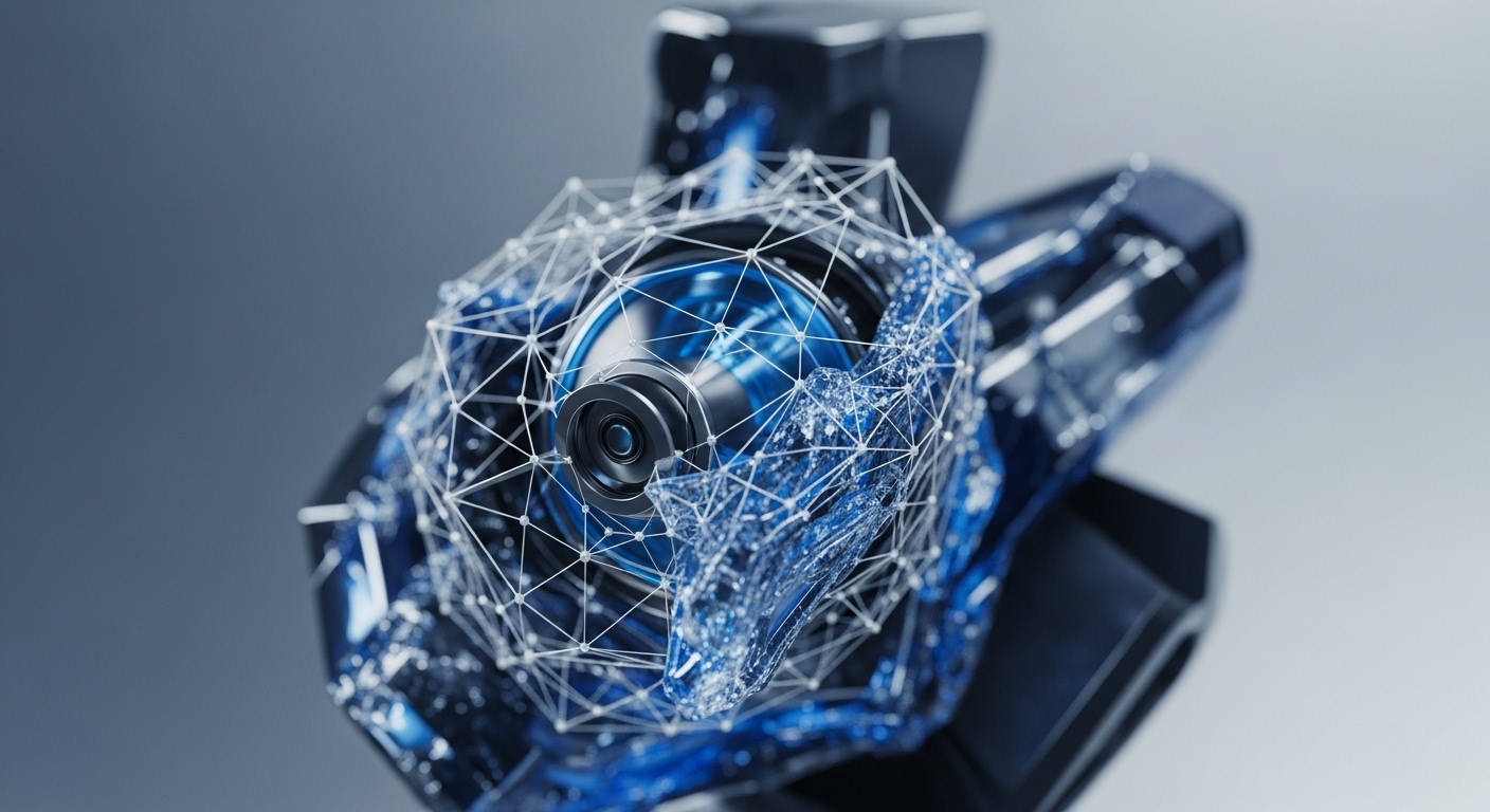 The image showcases a metallic, lens-shaped core object centrally positioned, enveloped by an intricate, glowing white network of interconnected lines and dots. This mesh structure interacts with a fluid, crystalline blue substance that appears to emanate from or surround the core, all set against a gradient grey-blue background