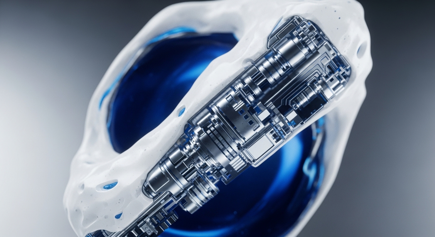 The image displays a highly detailed internal view of a complex technological mechanism, partially enveloped by a textured, white, organic-like casing. Within this structure, a gleaming metallic apparatus featuring intricate components is visible, alongside a vibrant, deep blue luminous element at its core