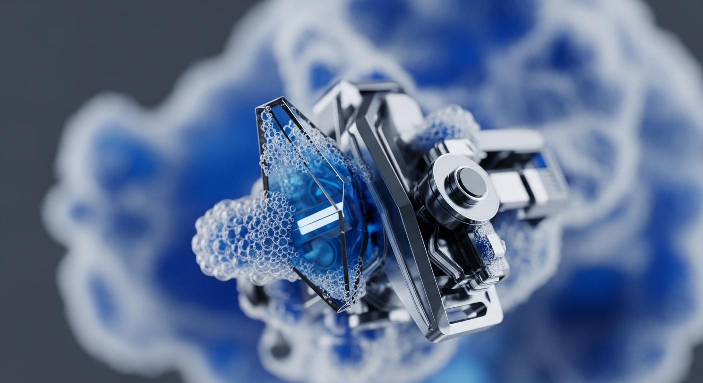A gleaming, angular metallic structure is partially immersed in a vibrant blue, bubbly, foamy substance. The background features a soft, blurred expanse of blue, enhancing the focus on the central, intricate interaction