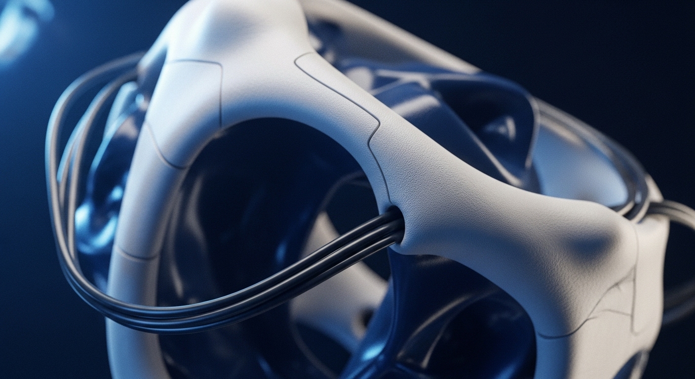 A close-up shot presents an abstract, high-tech structure featuring smooth, light-colored skeletal forms interwoven with dark, reflective blue internal components. Several dark cables run through openings in the lighter framework, creating a sense of interconnectedness and engineered precision