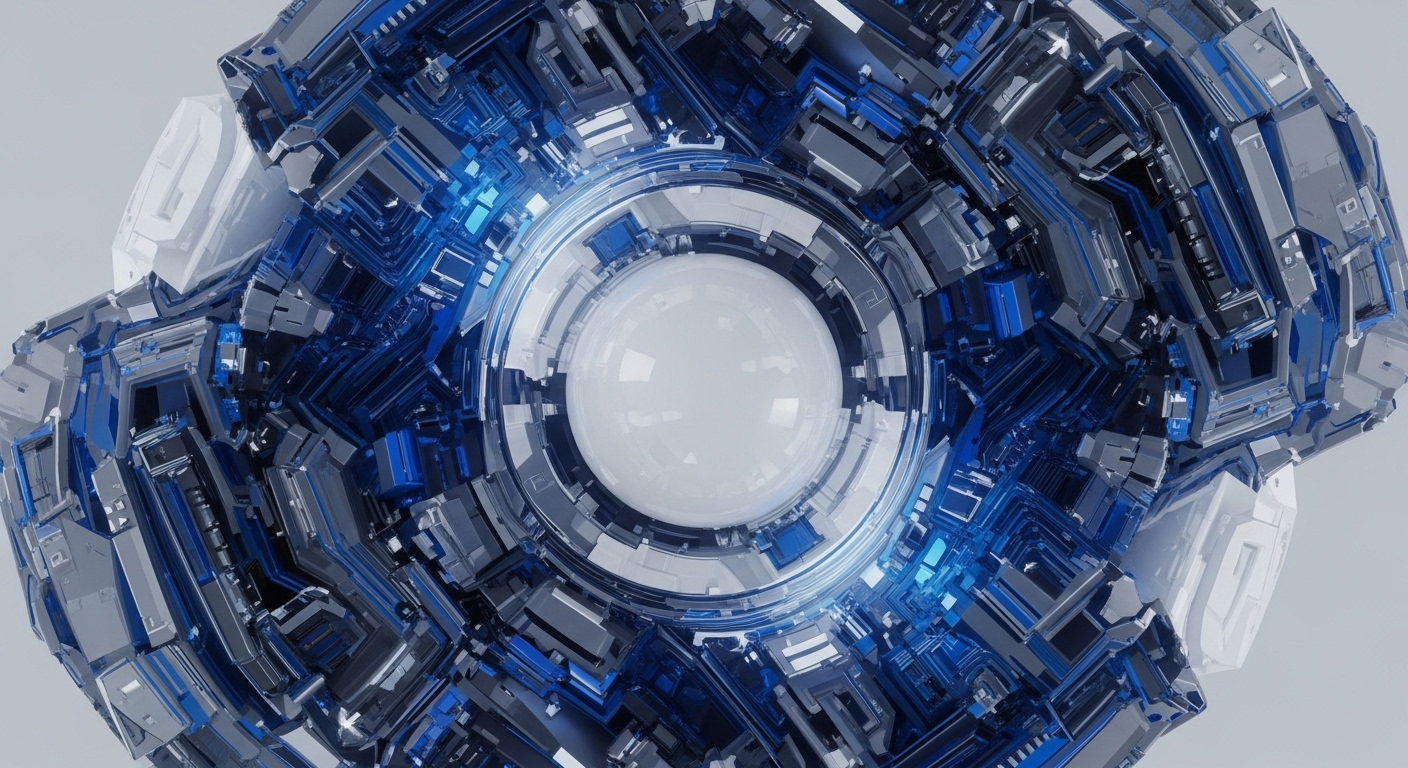 This abstract visualization features a detailed, metallic sphere composed of interlocking geometric shapes and illuminated blue conduits, centered around a bright, smooth orb. The intricate design mirrors the complex architecture of decentralized protocols and the underlying infrastructure of blockchain technology
