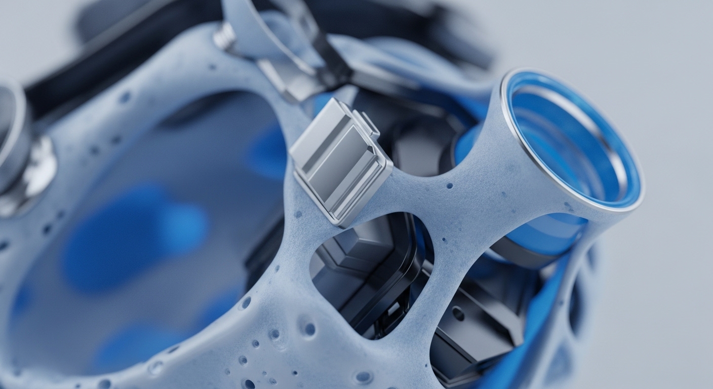 A close-up view highlights a complex, light blue porous structure, intricately designed with various metallic and deep blue geometric components nestled within its openings. A prominent cylindrical element with a silver rim and blue interior is visible on the right, suggesting a specialized interface or component