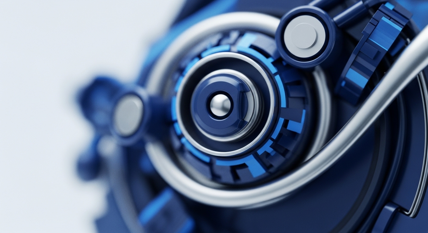 A close-up view displays a highly detailed, futuristic mechanical core, composed of polished silver and deep blue elements with vibrant light blue accents. Concentric rings and interlocking segments create a complex, precision-engineered aesthetic