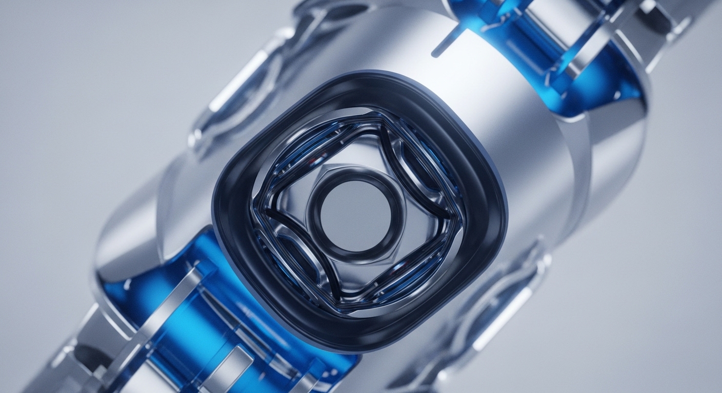 A sleek, metallic device with luminous blue internal elements is prominently displayed, showcasing its intricate design. The central focus is a square-shaped opening leading to a circular interface, suggesting a critical component or connection point