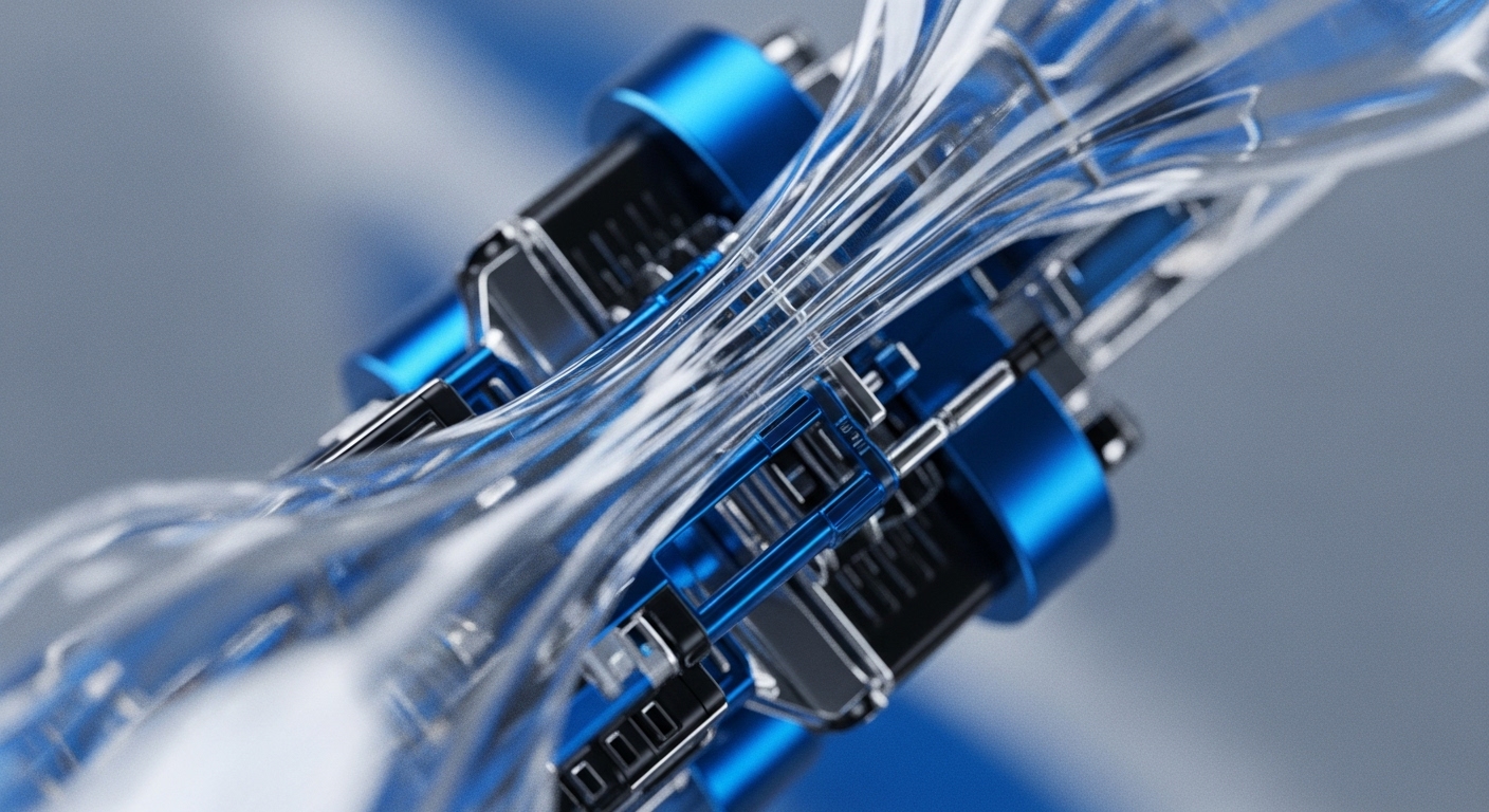 The image displays a detailed, abstract mechanical system featuring vibrant blue and dark metallic components, intricately connected by numerous clear, flowing tubular structures. These transparent pathways appear to guide parallel streams of light or fluid through the central apparatus, set against a softly blurred blue and grey background
