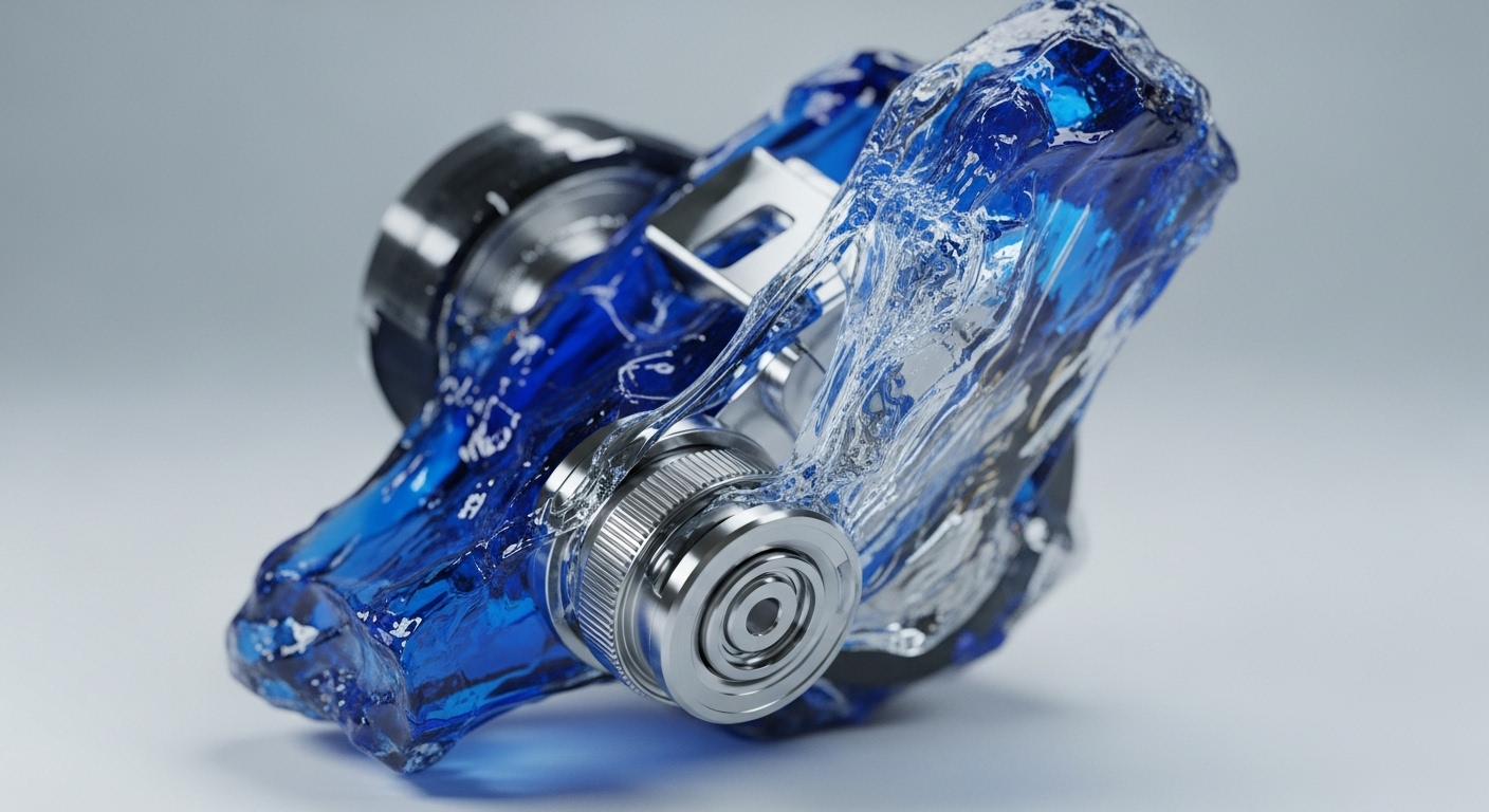 A detailed render displays a complex mechanical structure, composed of shiny silver and dark components, surrounded by flowing blue and clear translucent substances. The central metallic apparatus, reminiscent of a sophisticated cryptographic engine, symbolizes the robust computational core of a blockchain network