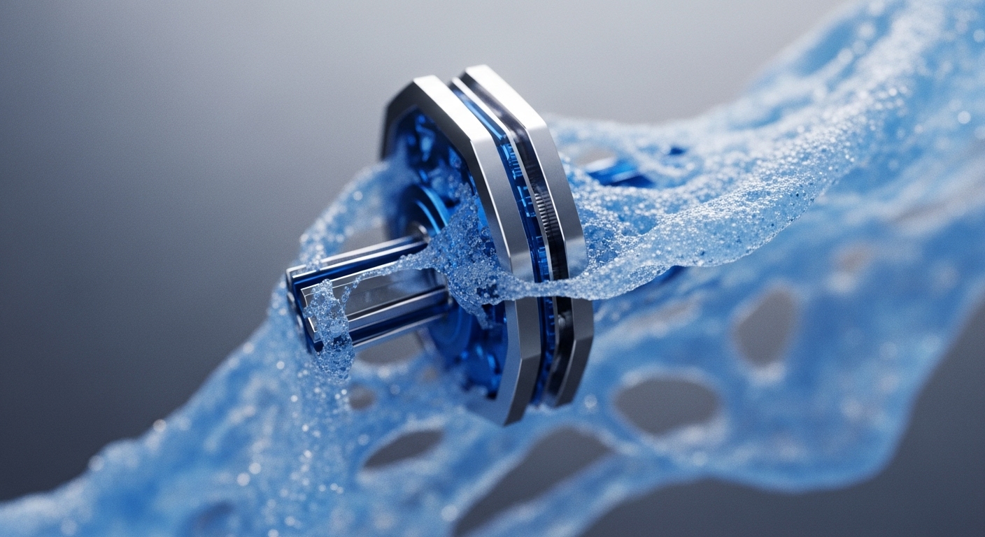 A detailed view of a metallic, blue-accented mechanical object immersed in a dynamic, bubbly blue liquid. The object features a multi-layered, hexagonal design with visible internal components, while the liquid flows around it, covered in countless small, bright bubbles against a soft grey background