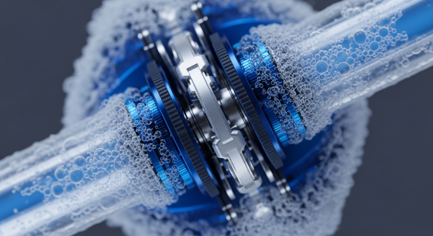 A close-up reveals a complex mechanical assembly featuring silver gears and dark blue cylindrical components. A transparent tube, filled with a dense array of white bubbles, runs horizontally through the center of this intricate machinery