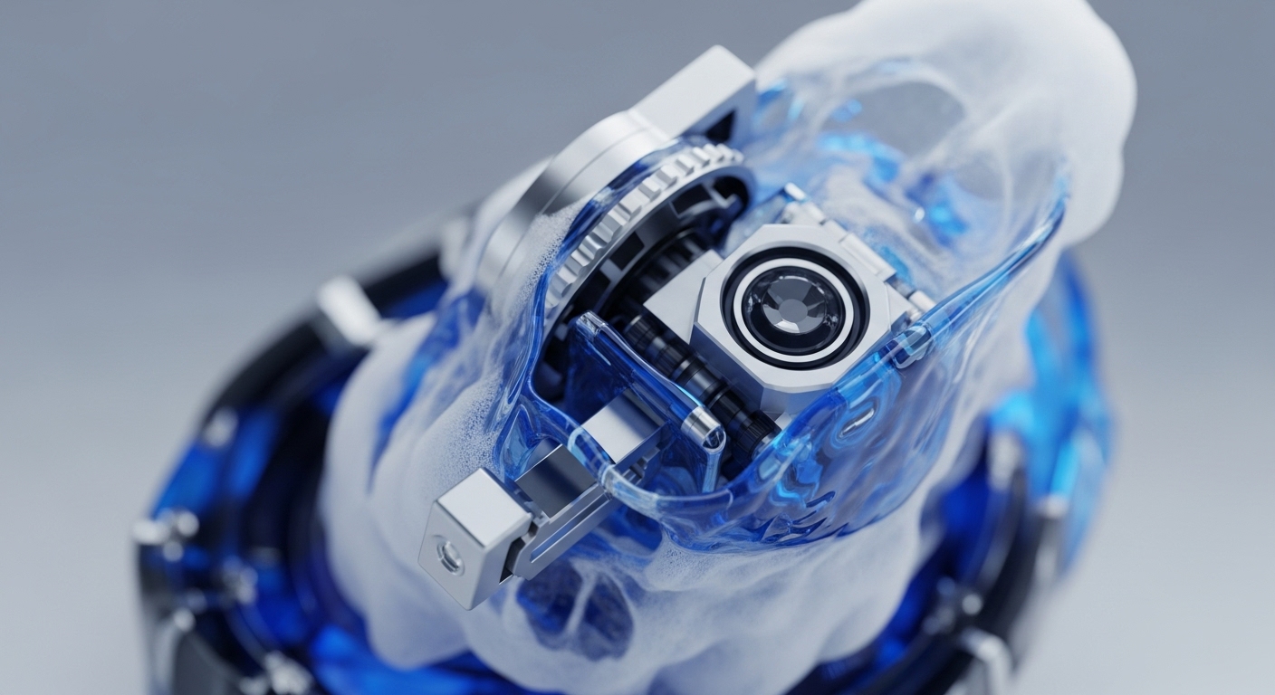 A close-up view captures a highly detailed, intricate mechanical assembly, partially submerged or encased in a translucent, flowing blue material. The metallic components exhibit precision engineering, featuring a prominent central lens-like element, geared structures, and interconnected rods, all gleaming under precise lighting