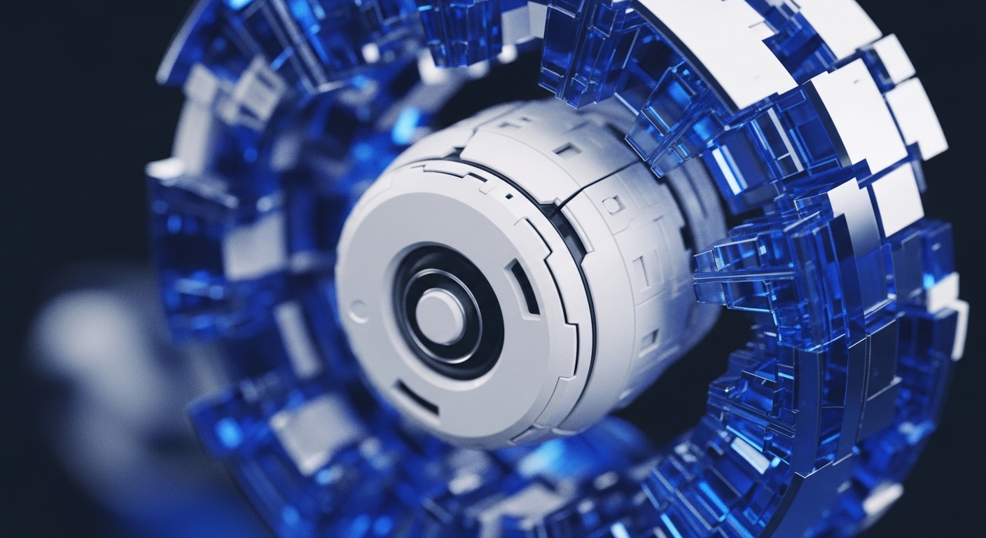A detailed, abstract rendering showcases a central white, multi-faceted cylinder with precise circular detailing, reminiscent of a core processing unit or a secure digital vault. This is enveloped by a dynamic ring of interlocking, transparent blue geometric shapes, visually representing the complex architecture of a decentralized network or a sophisticated blockchain consensus protocol
