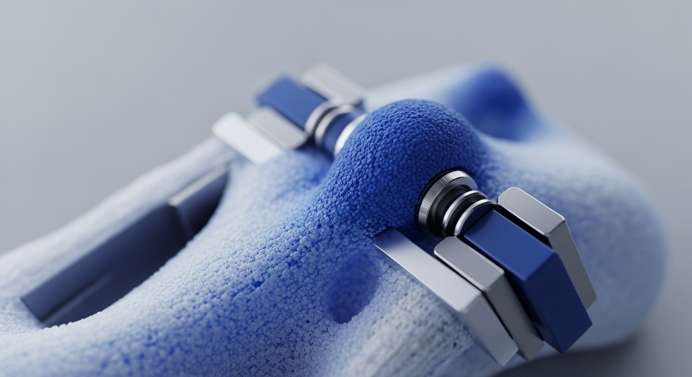 The image presents a macro perspective of a textured blue granular mass interacting with metallic, modular structures. These components are embedded within and around the substance, showcasing a complex interplay of forms and textures