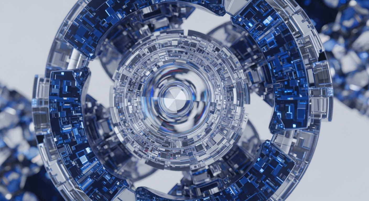 A detailed, concentric digital construct with interlocking blue and silver components dominates the frame, suggesting a technological marvel. This intricate design visually represents the underlying architecture of decentralized finance DeFi protocols and the complex interplay of smart contracts