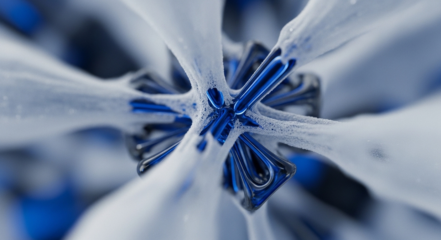 The image presents a close-up, high-detail view of a complex, interconnected structure featuring highly reflective, metallic blue components. These tubular elements form a central nexus, extending outwards and partially covered by a white, frothy, bubbly substance, creating a sense of dynamic movement