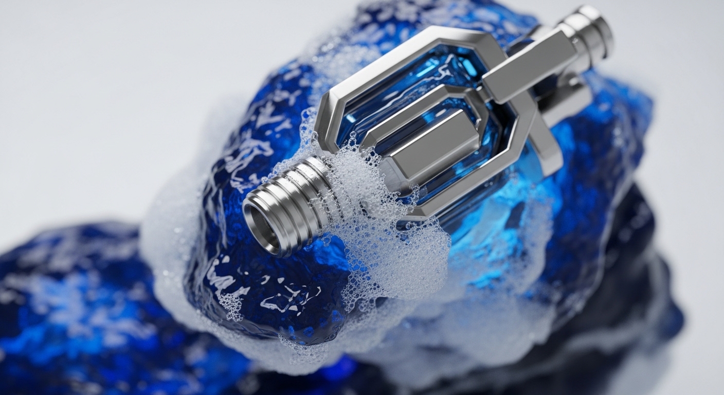 A sleek, silver-toned metallic mechanism is partially submerged in a vibrant, glowing blue liquid, surrounded by white foam. The central component features angular, robust designs, reflecting light and depth from the luminous blue substance, creating a sense of advanced engineering