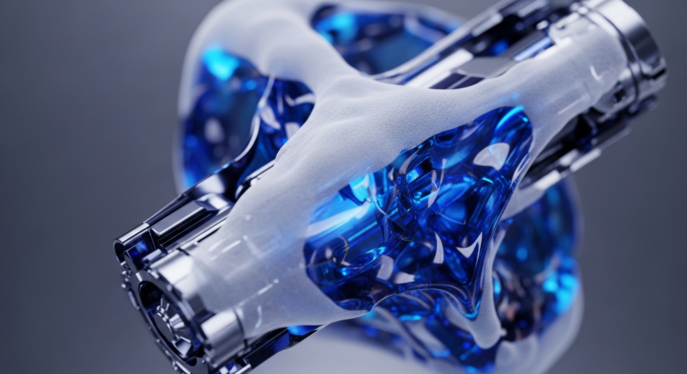The image presents an intricate, high-tech structure composed of polished metallic elements and a soft, frosted white material. Within this framework, glowing blue components pulsate, illustrating dynamic energy or data streams