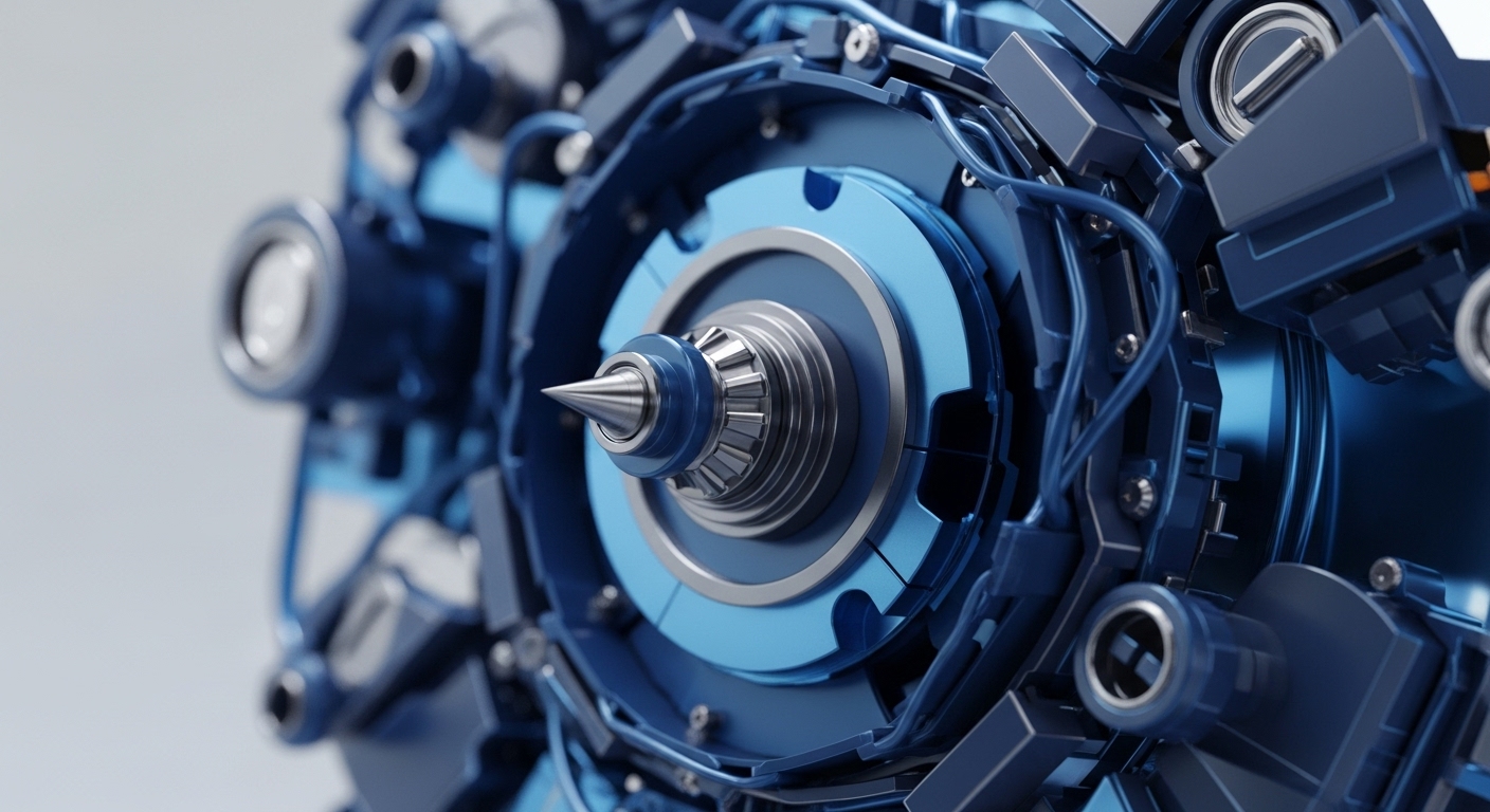 A close-up shot focuses on a complex mechanical assembly, featuring a prominent central pointed component surrounded by concentric rings. The intricate structure is composed of various shades of blue and metallic silver elements, with visible wires and interlocking parts