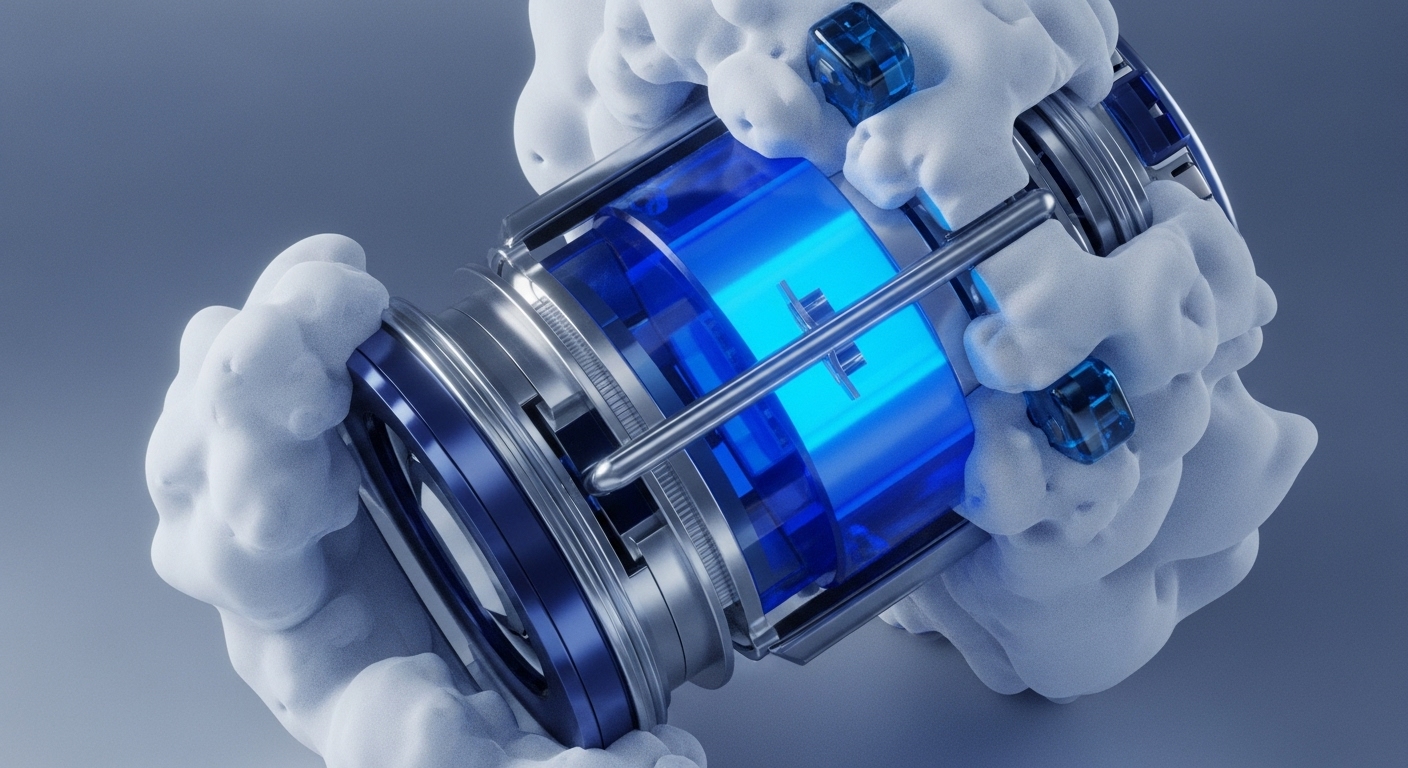 A central, glowing blue cylindrical mechanism, indicative of a high-performance cryptographic primitive or consensus engine, is securely embedded within a white, granular, and enveloping structure. Metallic components signify robust protocol architecture and smart contract execution