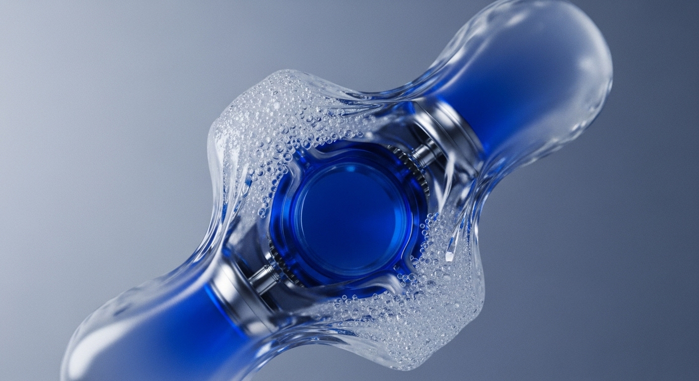 A transparent, organic structure encapsulates a metallic blue central component, filled with vibrant blue fluid and numerous small bubbles. This abstract composition visually interprets the intricate workings of advanced blockchain protocols