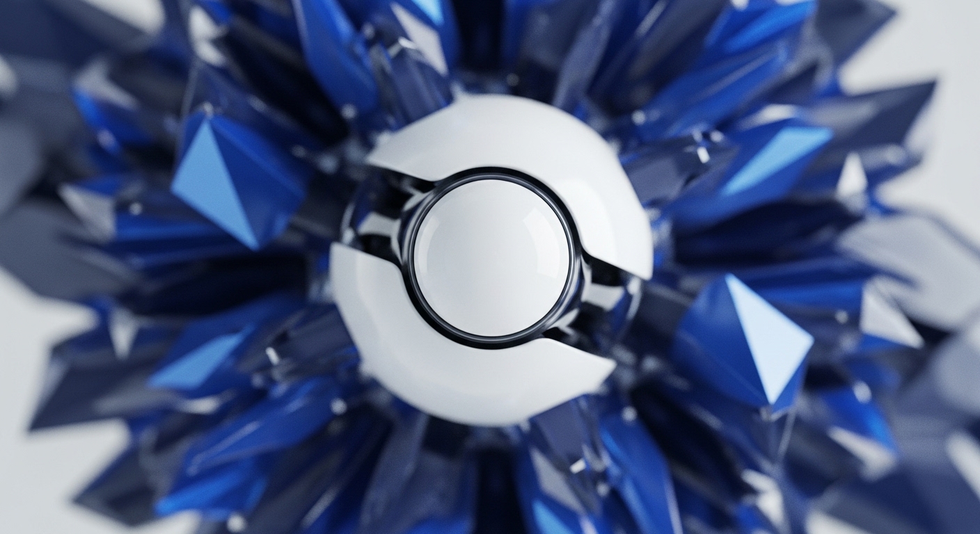 A bright white spherical object, segmented and partially open to reveal a smaller inner sphere, is centrally positioned. It is surrounded by a dense, radial arrangement of sharp, angular geometric forms in varying shades of blue and dark blue, receding into a blurred light background, creating a sense of depth and intricate protection