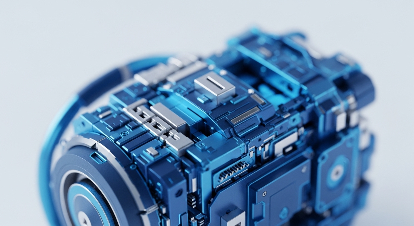 A close-up view reveals a complex, metallic blue and silver mechanical or electronic component against a light background. The object features numerous interconnected modules, precise grooves, and distinct geometric shapes, giving it a high-tech, engineered appearance