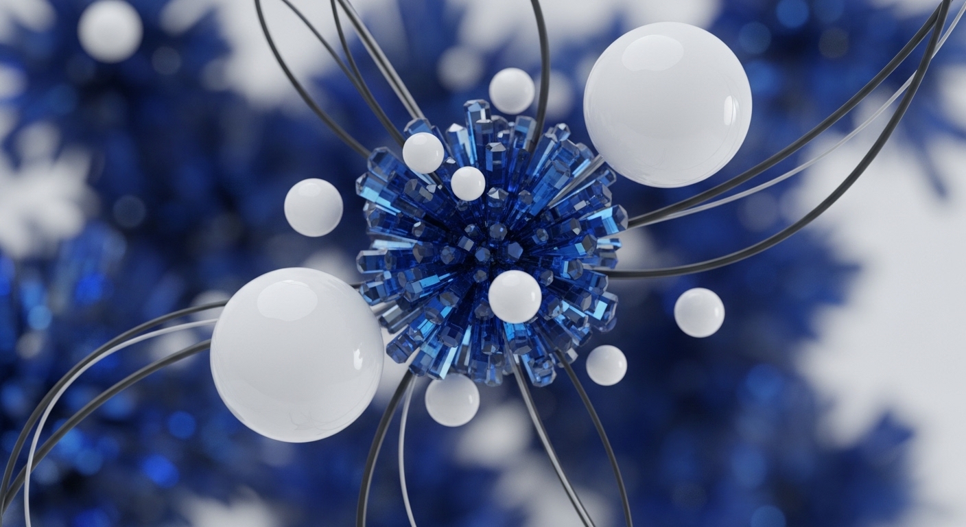 A vibrant blue crystalline cluster forms the central focal point, surrounded by numerous smooth, reflective white spheres of various sizes. Thin, dark, and light curved strands gracefully connect these elements, set against a softly blurred deep blue background