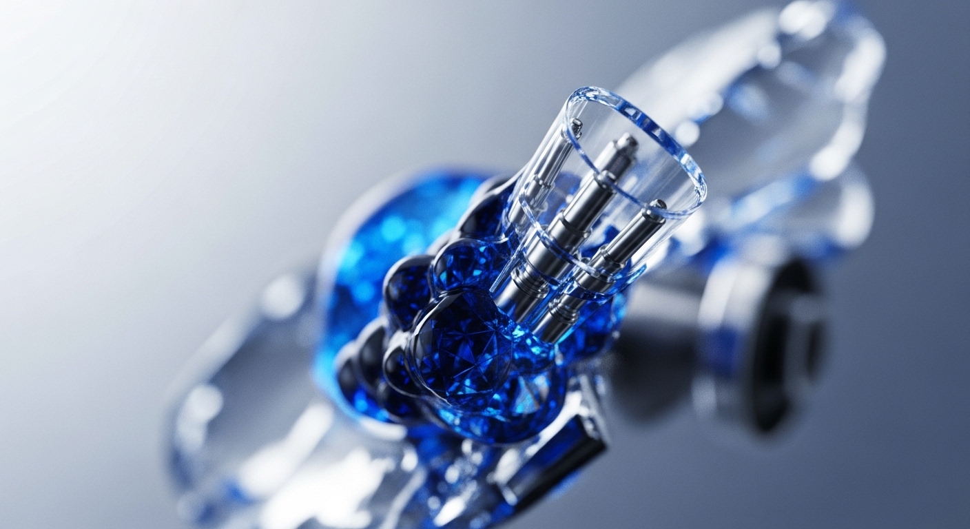 A highly detailed, transparent mechanical structure features vibrant blue, faceted components housed within clear casings, with polished metallic rods extending through a central tube. This intricate design suggests advanced engineering and precision