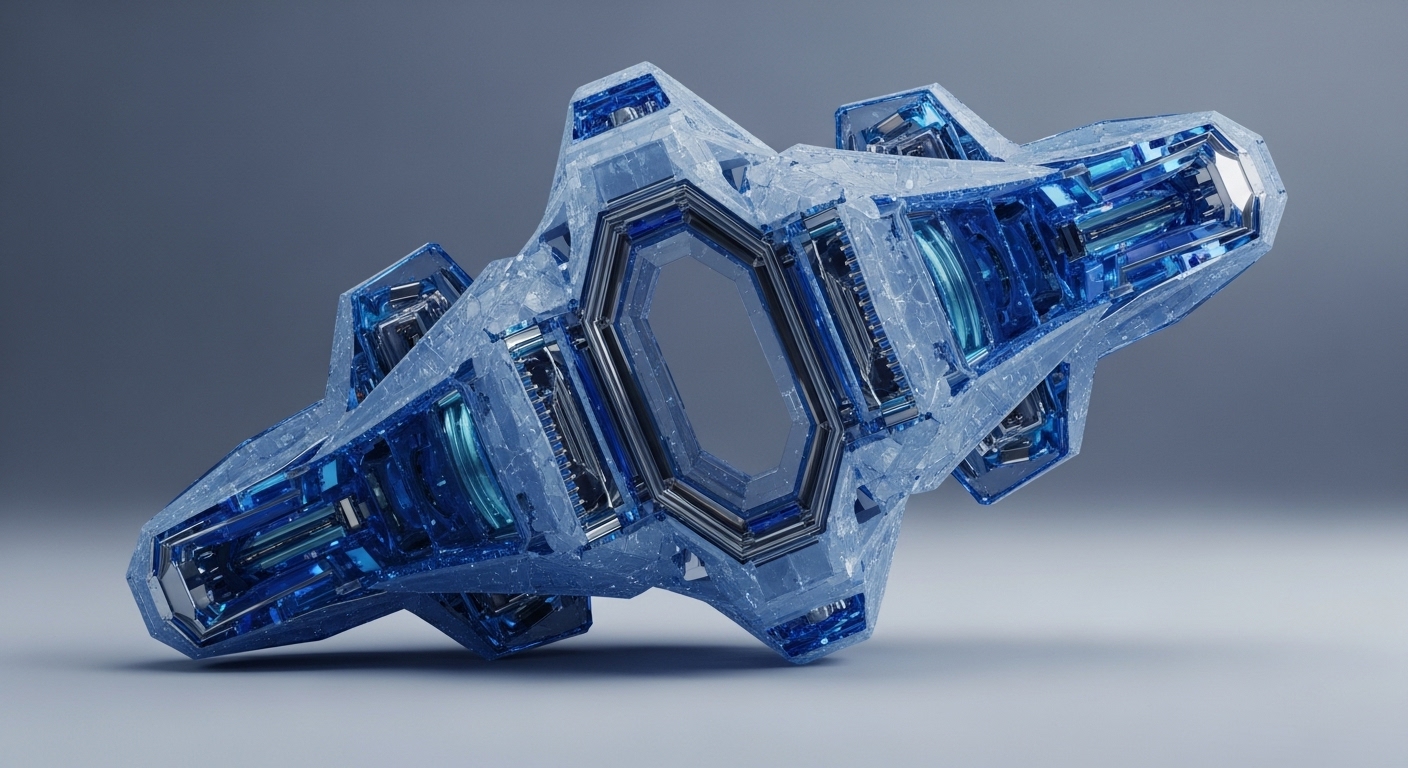 A futuristic, multi-faceted object with a textured, icy blue exterior and glowing internal components rests on a light grey surface. Its complex structure features a central hexagonal aperture, revealing metallic frameworks and vibrant blue conduits within