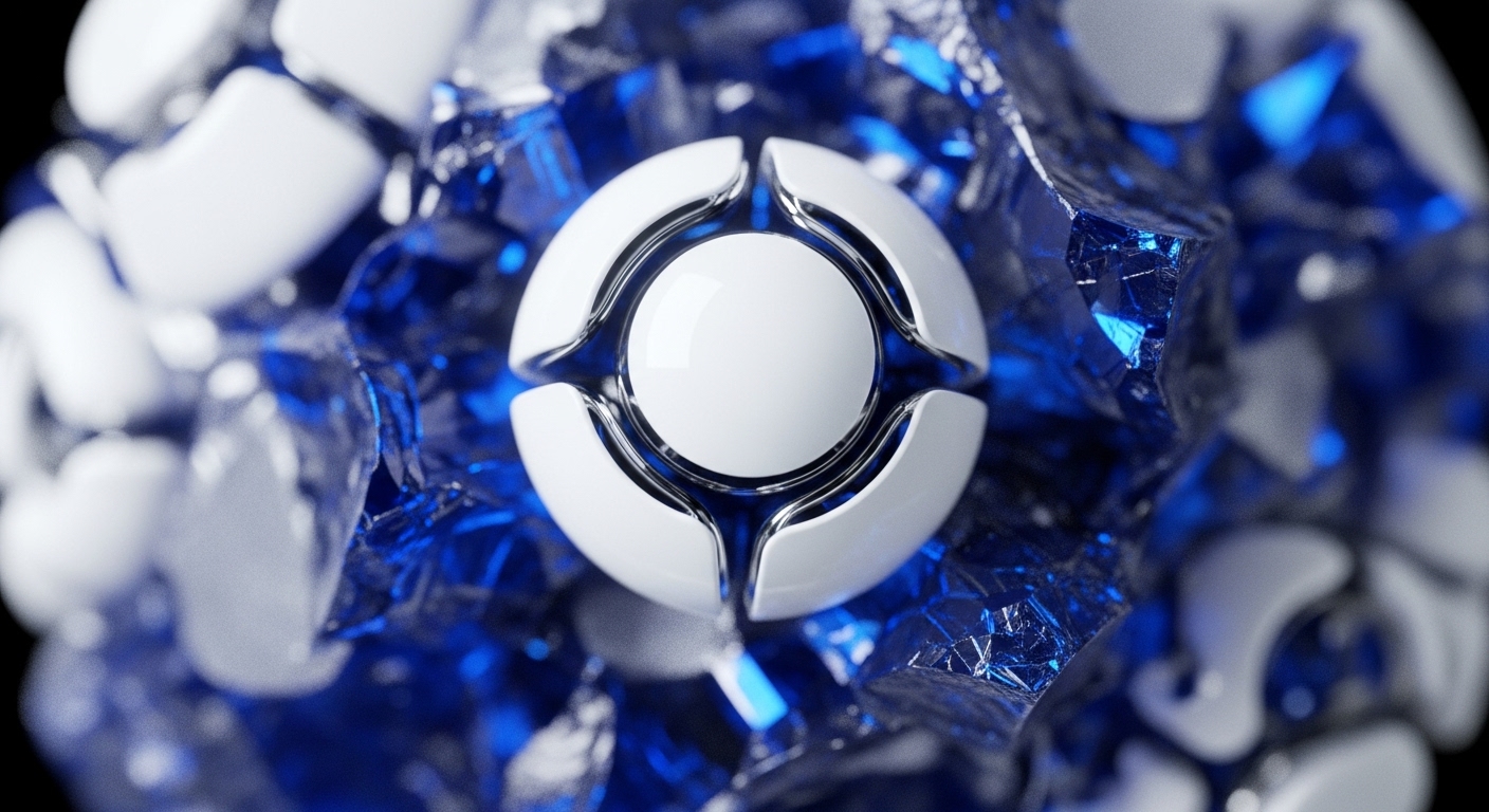 A pristine white modular sphere, accented with metallic silver, forms the focal point, resting amidst sharp, glowing blue crystalline fragments. Blurred white elements and additional blue shards extend into the background, creating a sense of depth and interconnectedness