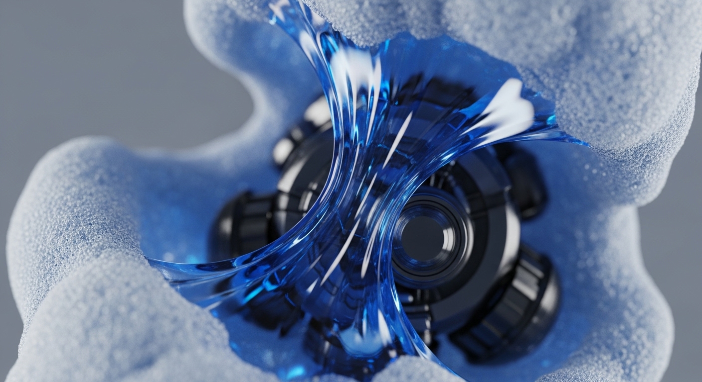 A detailed view presents a dark, multi-faceted mechanical component at its core, surrounded by a light blue, textured material resembling fine particles. A bright, translucent blue fluid dynamically twists and flows around this central element, creating a striking visual contrast