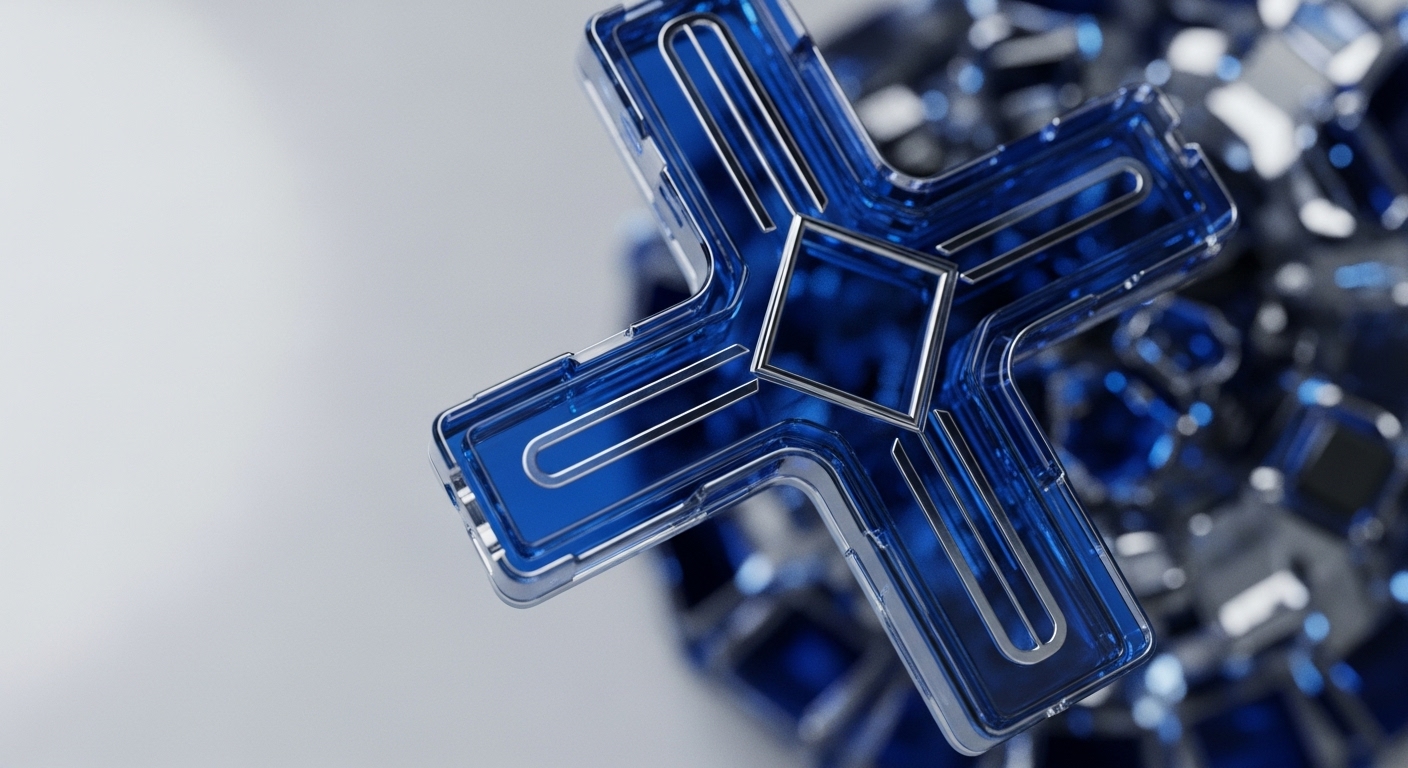 A prominent, luminous blue translucent structure resembling a stylized plus sign or cross dominates the foreground, intricately detailed with metallic silver outlines and internal channels. This central element embodies a critical protocol layer or validator node within a blockchain architecture, signifying cross-chain interoperability and cryptographic validation. The precise, angular design suggests smart contract execution logic. In the blurred background, a dense cluster of similar, smaller blue and silver geometric forms represents a vast, interconnected decentralized ledger network, illustrating distributed ledger technology and network consensus mechanisms.