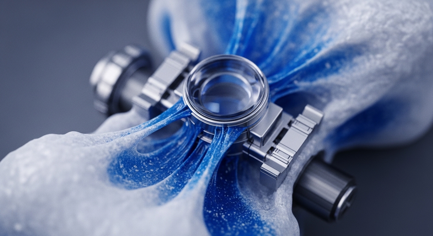 The image presents a detailed close-up of a sophisticated mechanical and organic-like system, featuring gleaming metallic structures, a prominent central clear lens, and vibrant blue fluid-like connections intertwined with a textured white surface. This visual metaphorically illustrates the intricate architecture of a decentralized network