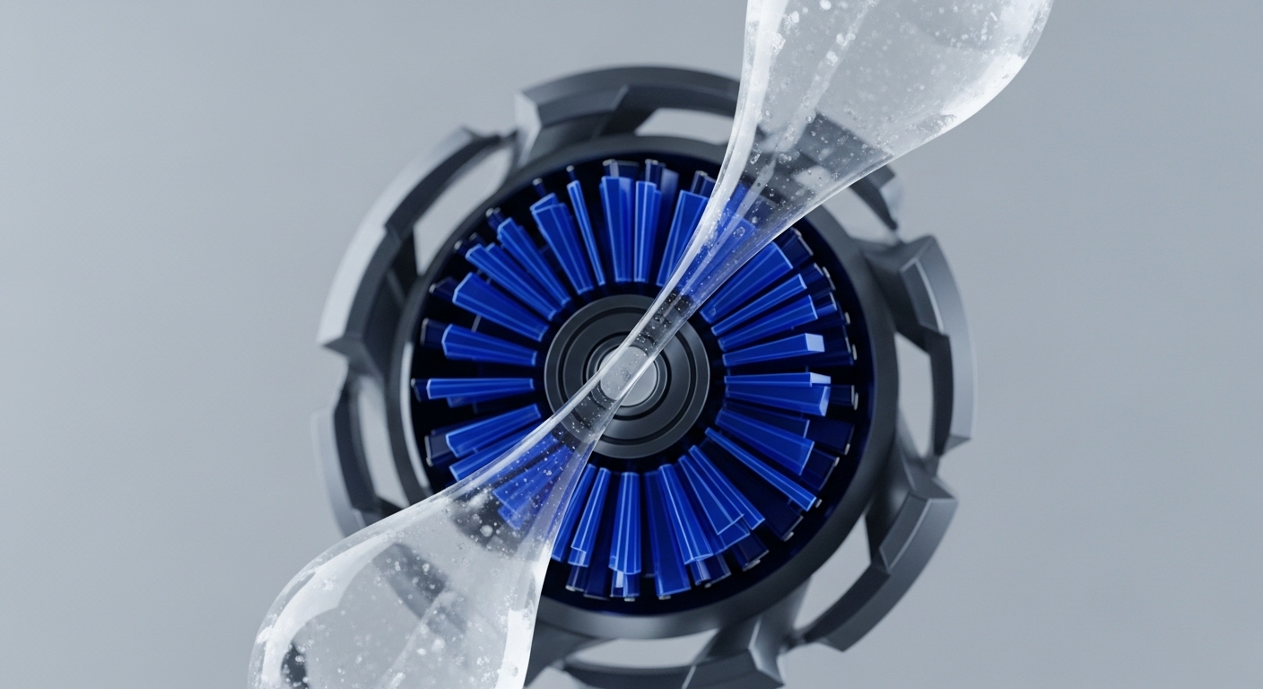 A futuristic mechanical core, featuring dark grey outer casing and a vibrant blue radial fin array, dominates the frame against a light grey background. A transparent, slightly viscous substance, containing tiny white particles, flows dynamically through the center of this mechanism in a double helix configuration