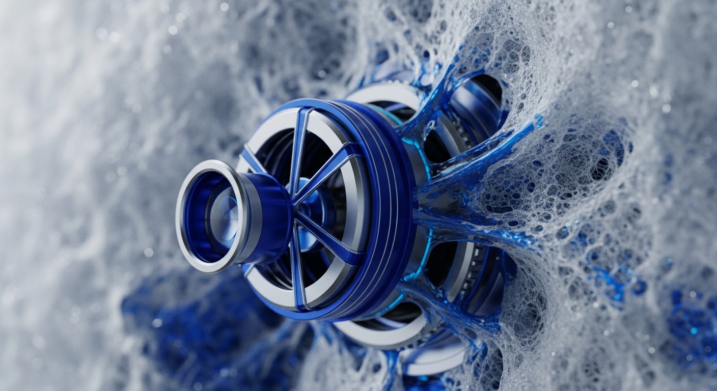 A detailed view captures a sophisticated blue and silver mechanical apparatus, appearing as a central component, enveloped by a dynamic, frothy white and blue translucent network. The device features precise metallic spokes and a central lens-like element, while the surrounding structure suggests fluid interaction and organic expansion