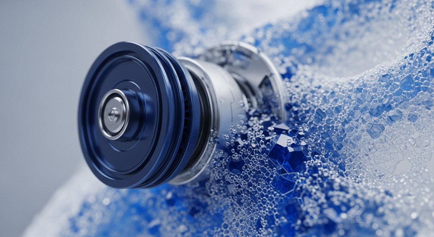 A sophisticated deep blue and silver mechanical component, featuring a prominent wheel-like structure and internal fins, extends into a vibrant, dynamic blue substance. This substance displays both crystalline formations and a dense field of small, interconnected bubbles, suggesting an energetic, fluid interaction with the metallic apparatus