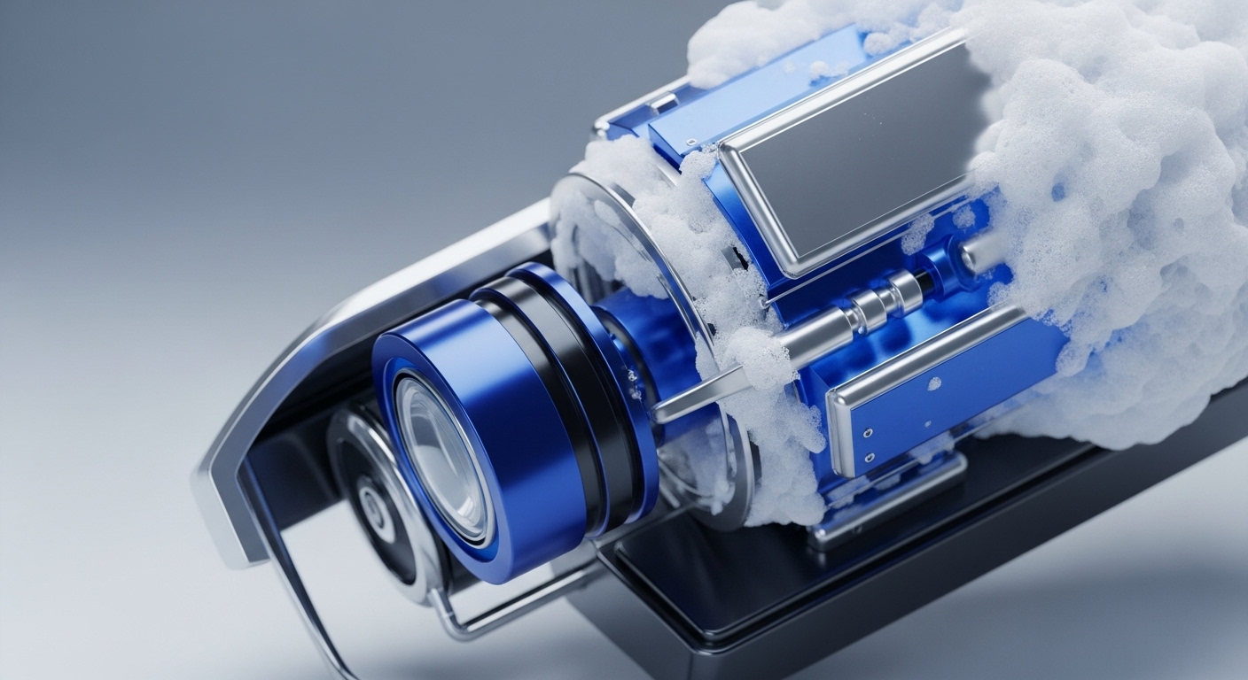 A highly detailed close-up reveals a sleek, metallic blue and silver mechanical device, featuring a prominent lens-like component and intricate internal structures. White, frothy foam actively surrounds and interacts with the central mechanism, suggesting a dynamic operational process within the unit