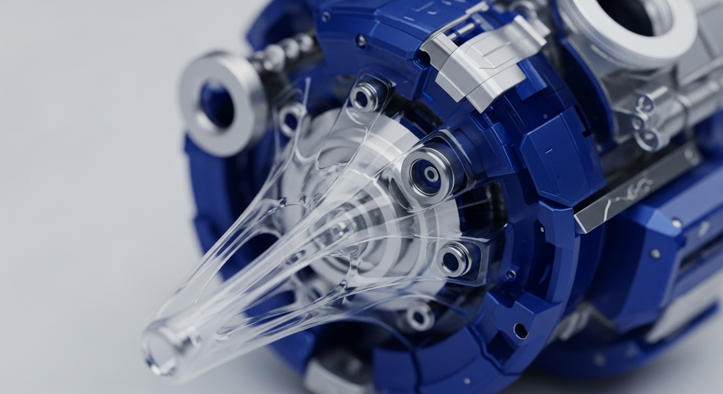 A highly detailed close-up reveals a sophisticated mechanical device featuring royal blue and metallic silver components. From its central mechanism, a translucent, web-like material dynamically extends, resembling active data streams or network generation