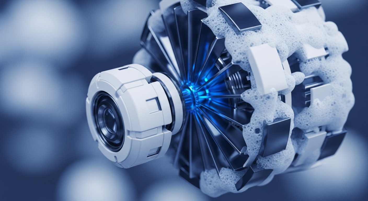 A complex, futuristic mechanical component, resembling a turbine or engine core, is depicted with intricate metallic blades radiating from a central blue light source. This assembly is partially enveloped in white foam, suggesting a cleansing or initialization process for digital assets or network infrastructure. The visual metaphor extends to concepts like tokenomics refinement, smart contract auditing, and the secure genesis of decentralized applications dApps within the broader blockchain ecosystem, emphasizing robust protocol design and cryptographic integrity.