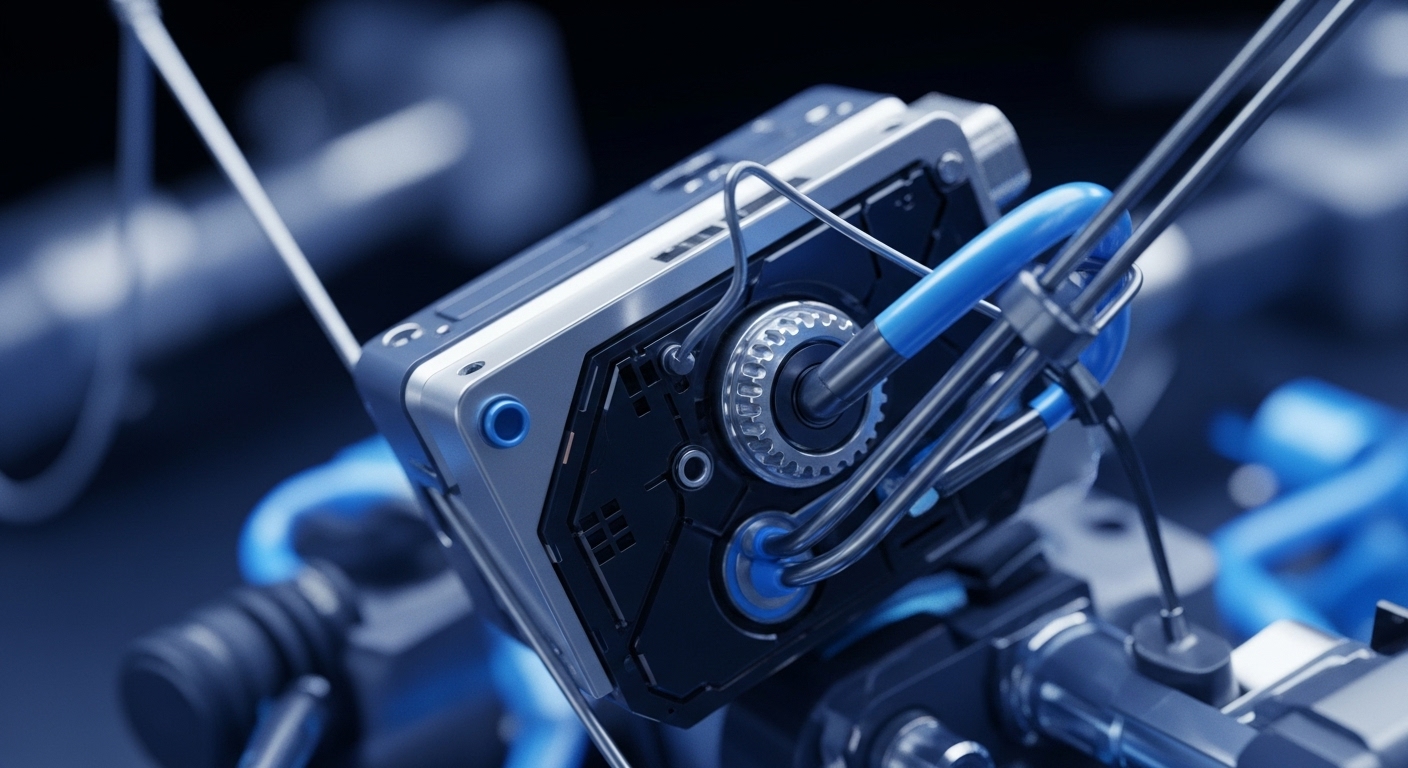 The image presents a detailed view of an advanced, metallic computing unit, featuring a central geared mechanism and intricate internal components. Blue conduits and metallic wiring connect various sections, suggesting a high-performance system