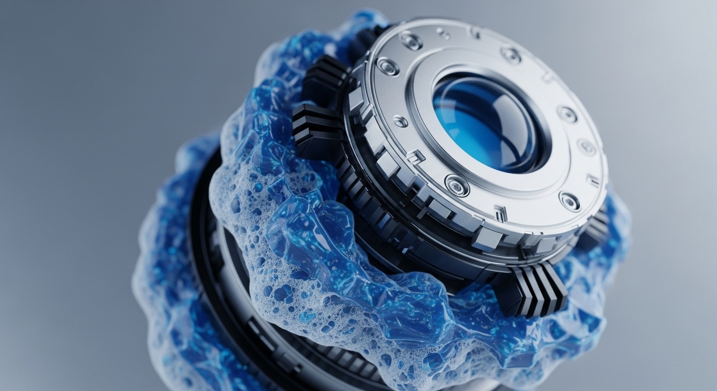 A close-up view displays a sophisticated metallic mechanism, featuring a prominent central lens, partially enveloped by a vibrant blue, bubbly liquid. The intricate engineering of the device suggests a core operational component within a larger system