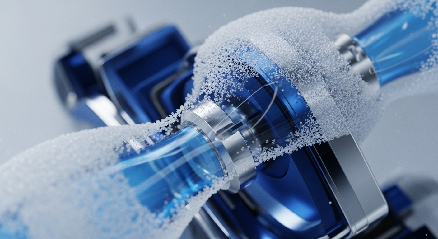 A close-up view captures an abstract, high-tech mechanism with vibrant blue, translucent energy flowing through intricate silver metallic components. White, granular particles effervesce around the central conduit, suggesting a dynamic transformation