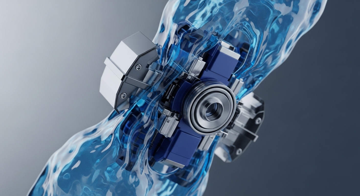 A complex, multi-component mechanical assembly, featuring silver and dark blue elements, is enveloped by a vibrant, translucent blue liquid, showcasing intricate details. The fluid exhibits significant motion, creating ripples and dynamic visual effects around the precisely engineered metallic parts, suggesting continuous operation
