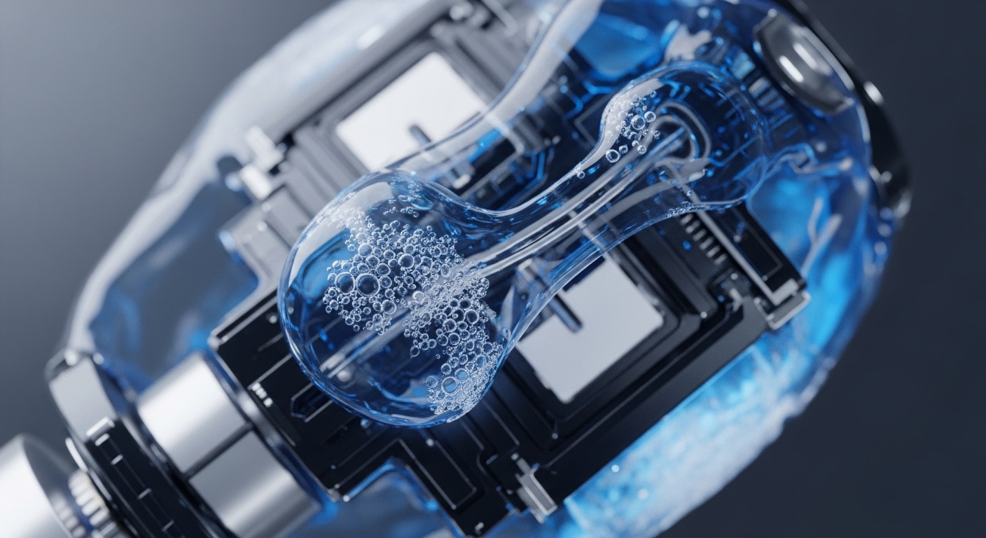 The image displays a transparent, complex glass-like conduit, filled with an effervescent blue liquid, intricately positioned among metallic and dark electronic components. This sophisticated visual represents a high-fidelity system, potentially depicting the operational core of a robust blockchain architecture